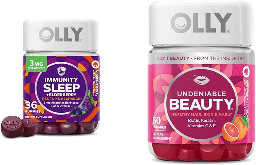 OLLY Sleep Immunity Melatonin Gummy Vitamin C Zinc Echinacea Berry 36 Count and Undeniable Beauty Gummy Hair Skin Nails Biotin Vitamin C Keratin Grapefruit 60 Count