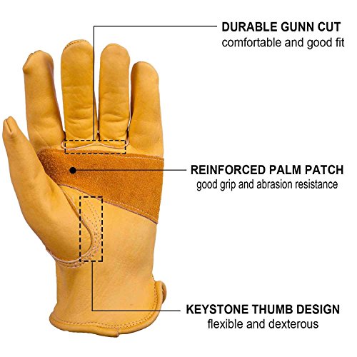 Image of Reinforced Leather Work Gloves with Palm Patch for Gardening, Farming, Construction, Warehousing, Motorcycling, Truck Driving - 10 Inches - Yellow - Pack of 1