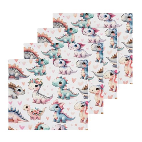 YANENDIE Cute Dinosaurs in Flowers Washcloths Towels, Highly Absorbent and Soft Cotton Face Cloths, 4 Pack Quick Dry Wash Cloths - 12 X 12 Inches