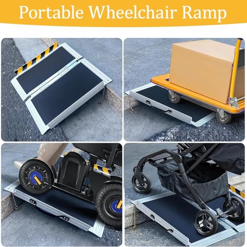 Rampa plegable de aluminio para silla de ruedas | Capacidad de 280 kg | Portátil para escalones, escaleras, puertas | Antideslizante con pegatinas de alta visibilidad