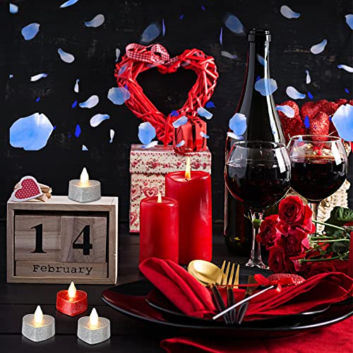 1000 Pieces Artificial Rose Petals With 20 Pieces Valentine Romantic Heart Led Tea Lights Glitter Romantic Flameless Candles For Romantic Night Valentine's Day Anniversary Wedding (Silver) #TOP5
