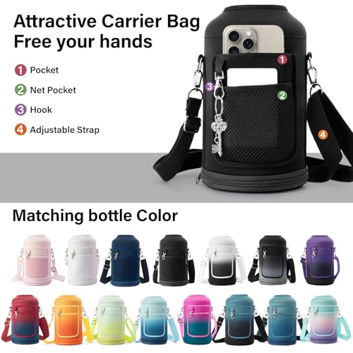 Insulated Water Bottle | Thickened Stainless Steel Vacuum Metal | Portable Sports Half Gallon Large Water Jug for Gym and Hiking with Straw, Carrier Bag, Handle Strap | BPA-Free 64 oz