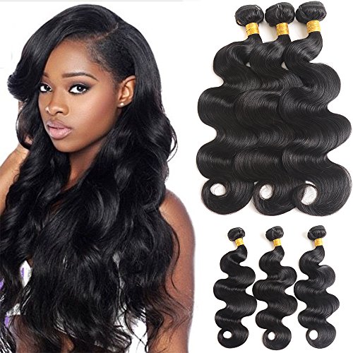 Human Hair 3 Bundles with Closure Brazilian Body Wave Virgin Hair Bundles with Free Part Closure Natural Color (12" 14" 16", body)
