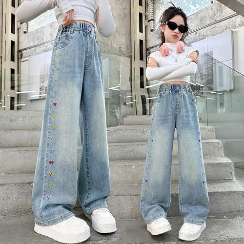 Girls Bowknot Embroidery Baggy Jeans Wide Leg Elastic Waistband Denim Pants Washed Straight Leg Jean with Pokets2