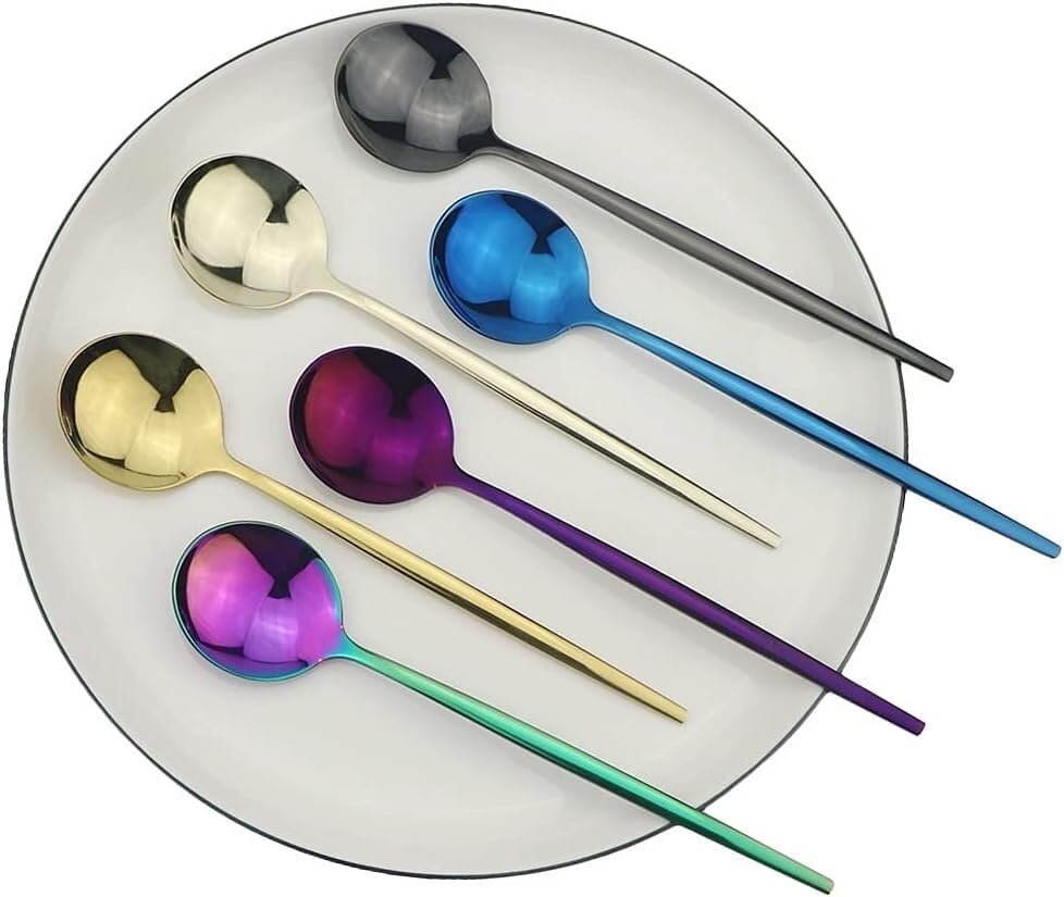 Ensemble de cuillères de Service en Acier Inoxydable Arc-en-Ciel, 6 pièces, cuillères à Dessert et à Glace polies for Accessoires de Cuisine | Couverts ménagers(Black Silver)