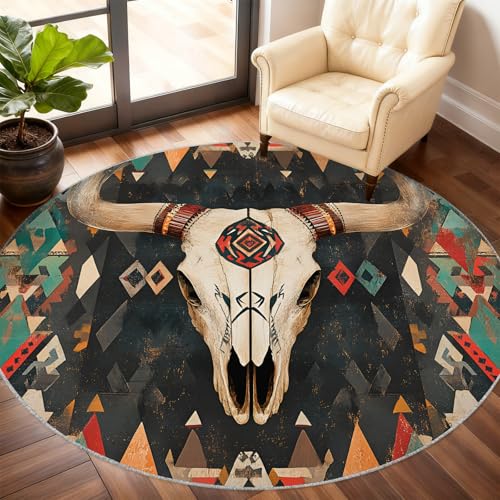 Tapis circulaire géométrique lavable et antidérapant style bohème