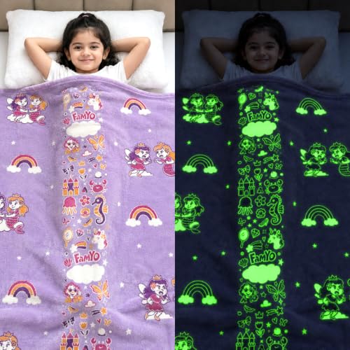 Image of Famyo GlowMaxx Kids Blanket | Soft Flannel Glow in Dark Blanket - Mermaid & Unicorn | AC Blanket for Kids | Summer Blanket 200x152 cm | Double Bed | 0-15 Yrs | Lab-Tested Safe (Purple)