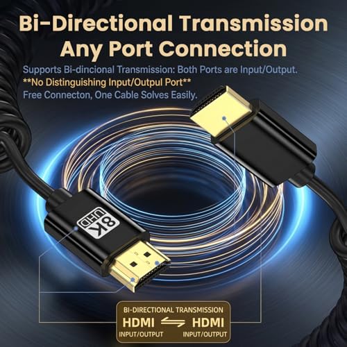 Image of Verilux HDMI Cable 2.1 with Spring, 8k@60Hz, 4k@144Hz, 2K@144Hz UHD Resolution, HDMI 2.1 Cable Supports Audio & Video for Synchronous Transmission for Monitors Gimbals and Video Use