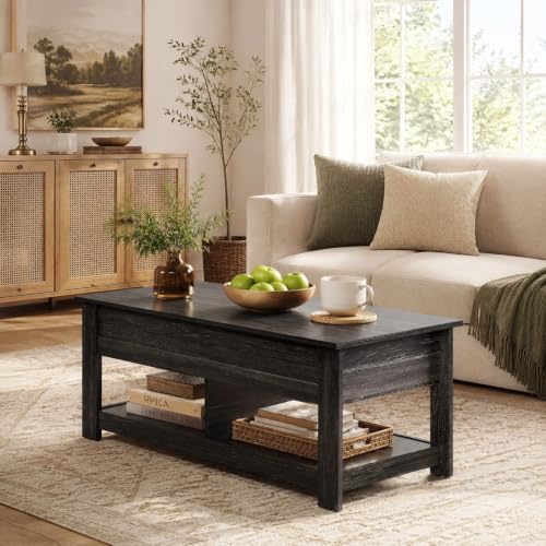 Image of WLIVE Modern Lift Top Coffee Table,Rustic Coffee Table with Storage Shelf and Hidden Compartment,Wood Lift Tabletop for Home Living Room,Black