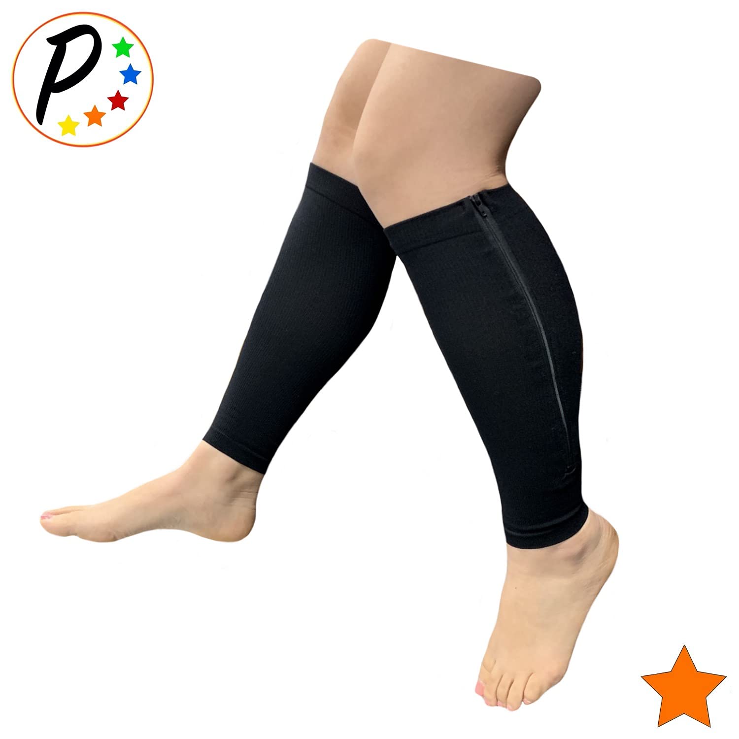 Presadee Calf Zipper 15-20 mmHg Compression Leg Circulation Fatigue Shin Sleeve (Black, 2X-Large)