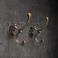 BROOK AND BIRCH Antique Brass Coat Hooks Wall Mounted Iron Hooks Vintage Iron Double Hooks for Hanging Coats Towels Hats Bags Cups - Set of 2