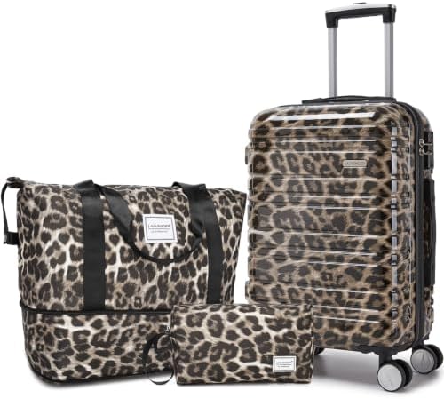 LARVENDER Kofferset 3 Teilig, Handgepäck Koffer 55cm, Cheetah | Hartschalen Trolley 55x40x20cm, Leichter Reisekoffer aus PC+ABS mit TSA Schloss, 4 Spinner Räder Koffer- Rollkoffer