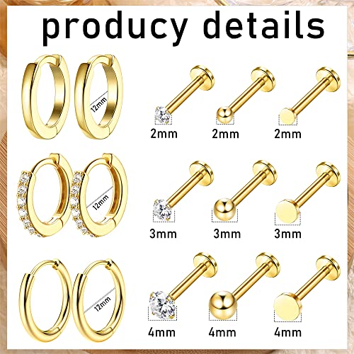 IRONBOX 12 Pairs Tiny Stud Hoop Earring 18K Gold Plated Stainless Steel Earring Sets for Multiple Piercing Small Threadless Flat Back Earrings Cartilage Hoop Earrings2