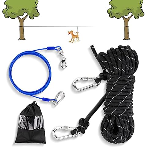 Petbobi Dog Tie Out Cable for Camping, 50FT Dog Runner for Yard with 9.8FT Dog Run Wire Cable, Portable Reflective Dog Lead Line with 360° Tangle Free &Heavy-Duty Clasp for Yard, Park, Black Cover