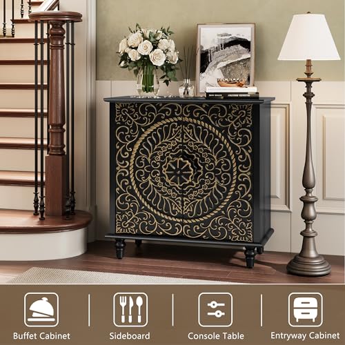 ARTPOWER Accent Cabinet with 2 Doors, Decorative Storage Cabinet with Carved Flower Pattern, Black Sideboard Buffet with Storage, Wood Credenza for Entryway, Living Room, Kitchen, Dining Room - Thumbnail 4