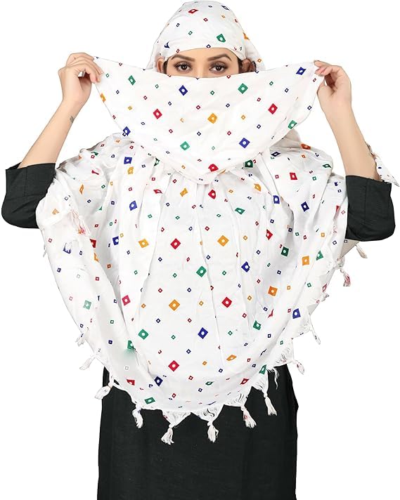 Image of Cotton Long Scarf Cum Mask Scarves Usable for Vehicle Driver | White Printed Design Fabric | Universal Size | Soft & Breathable Sun Protection | For Girl & Women