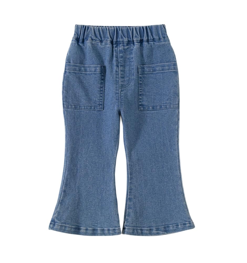 Rngeddg Toddler Girls Casual Flared Jeans Solid Bell Bottoms Jeans Denim Pants Spring High Waist Pockets Trousers Streetwear (Blue,90/18-24 M,Unisex,Big Kid,US,Age,18 Months,24 Months)