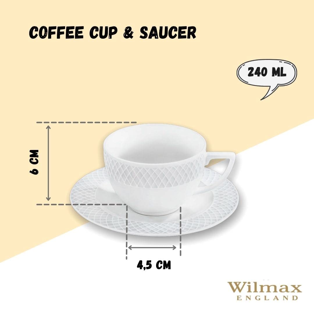 Wilmax | Tassen mit Untertassen | 6er-Set | 240 ml | Kaffeetassen aus Porzellan | Weiß | Geschirrset für 6 Personen | Tassenset für Kaffee, Tee, Desserts | Kaffeeservice & Teeservice
