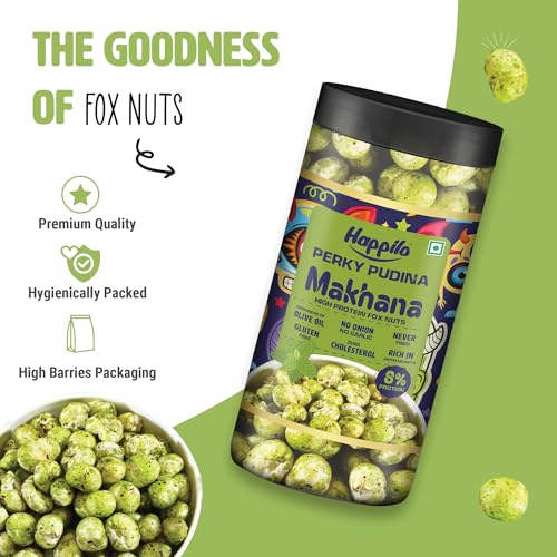 Image of Happilo Makhana Perky Pudina Jar 80g, Roasted Foxnut Healthy Snack Low Calorie and Vegan (Pack of 2)