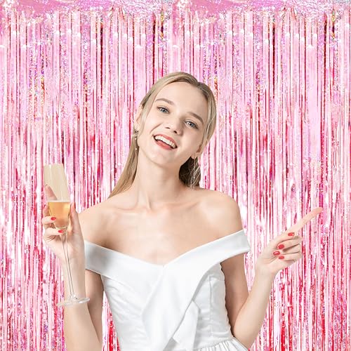 Image of Voircoloria 2 Pack 3.3x8.2 Feet Laser Pink Foil Fringe Backdrop Curtains, Tinsel Streamers Birthday Party Decorations, Fringe Backdrop for Graduation, Baby Shower, Gender Reveal, Disco Party