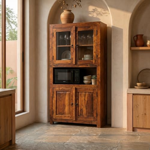 Image of SONA Art & Crafts Wood Crockery Cabinet with Glass Door | Wooden Book Shelf Cabinet with Storage Rack for Home & Office Living Room (Natural Brown)