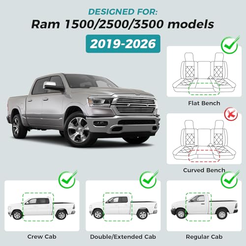 Image of Seat Covers for 2019-2026 Dodge Ram 1500 /2500 /3500, Flat Bench | lumbar padded, premium waterproof leather, full coverage, anti-slip, storage pockets, long-term durability, airbag compatible