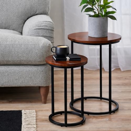 Image of Round Nesting Table Simple Modern Small Round Table MDF Top Metal Table Living Room Sofa Set of 2 (Brown Black)