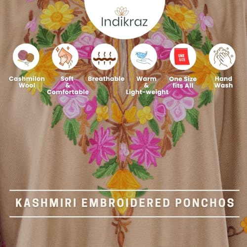 Image of Premium Women's Kashmiri hand embroidery floral woollen poncho Indian cape wrap shrug Free size