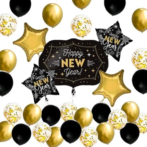 JOJO FLY New Years Eve Party Decorations Kit, Happy New Year Foil Balloons, Black and Gold Balloons Set, Gold Star Mylar Balloons, NYE Party Decorations, New Years Eve Party Supplies 2025 Cover