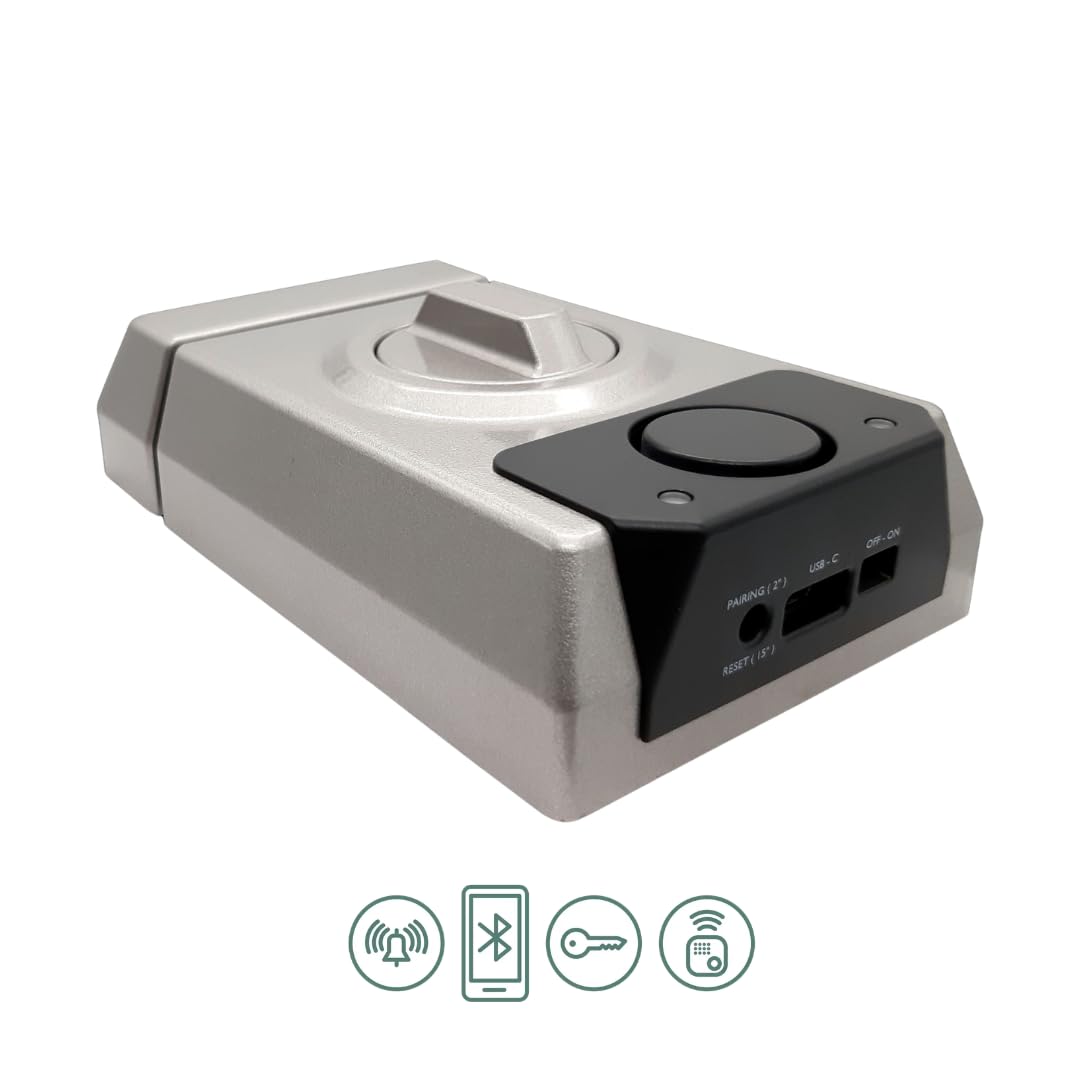 Lince SMARt7930 Cerradura inteligente para puerta – Cerrajo con alarma de 100 dB, control por aplicación, control remoto y llave reversible de alta seguridad – Recargable por USB-C – Color Plata | Aplicación móvil, control remoto, apertura mecánica con ll