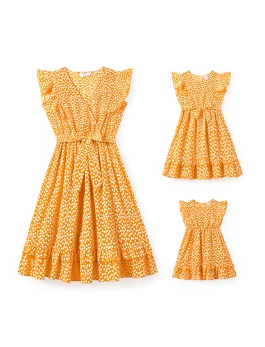 PATPAT Juego de vestidos para madre e hija: vestido de lunares con mangas de aleteo para combinar con trajes familiares perfectos, vestidos para bebés - niñas/niñas/mujeres, amarillo, 6-9 meses