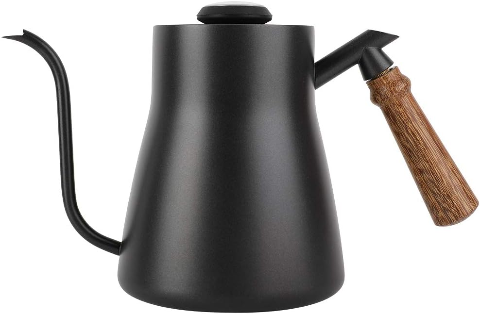 Cafetera de Acero Inoxidable de 850 ml,con Man-go de Madera, Recubrimiento Negro de Teflón, Gooseneck Coffee Kettle, Adecuada para Uso Doméstico, en la Oficina y en la Cafetería,etc.(con termómetro)