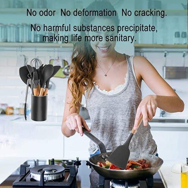 Image of 12-Piece Silicone Kitchen Utensil Set with Wooden Handles & Holder | Heat Resistant Non-Stick Cooking Tools | BPA Free Kitchen Spatula Set for Cooking & Baking