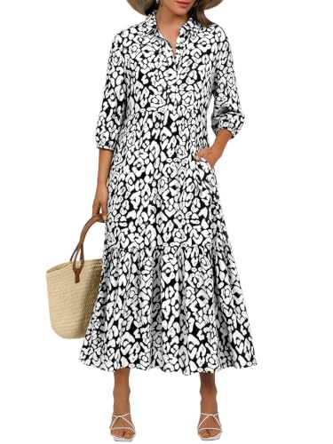 ANRABESS Women 3/4 Puff Sleeve Polo Neck Floral Maxi Dress S Leopard Print