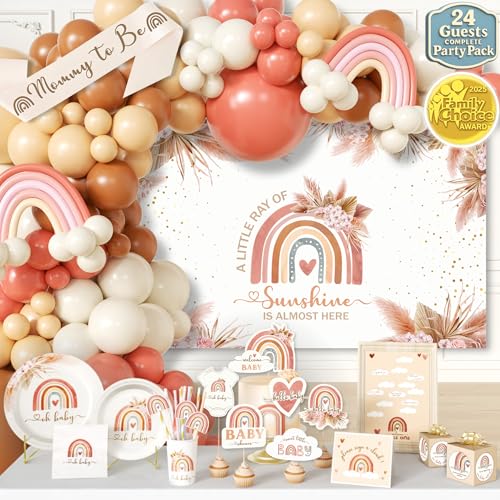 408 PC Boho Baby Shower Decorations - Backdrop, Balloon Arch Garland, Plates, Napkins, Straws, Sash, Cake Toppers, Guestbook, Confetti, Favor Stickers - Rainbow Baby Shower Decorations