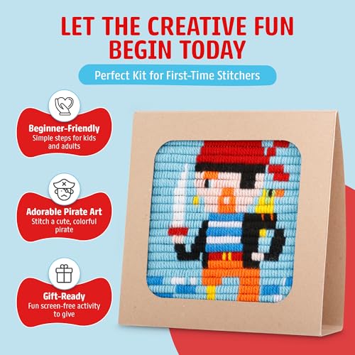 Image of Sozo DIY Pirate Needlepoint Kit for Beginners - Adventure Embroidery Craft Kit for Teens & Adults - Yarn Stitching Kit with Canvas, Needle & Frame
