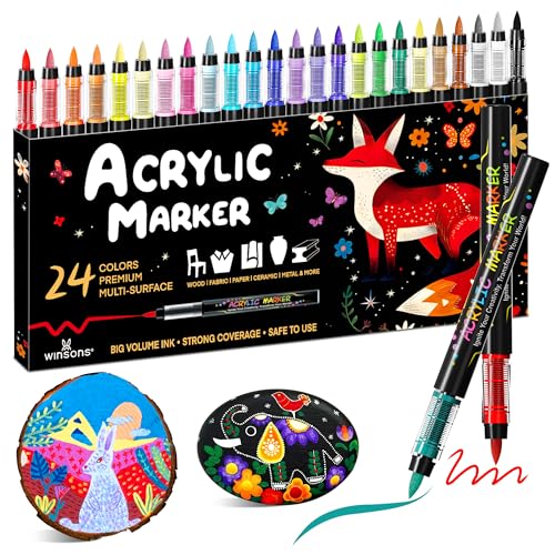 WINSONS Colouring Pens, 24 Colours Acrylic Paint Pens, High-Capacity Ink Acrylic Markers, Smooth, Non-Toxic, Waterproof, Suitable for Paper, Eggs, Fabrics, Stones, Pottery, Glass, Plastics