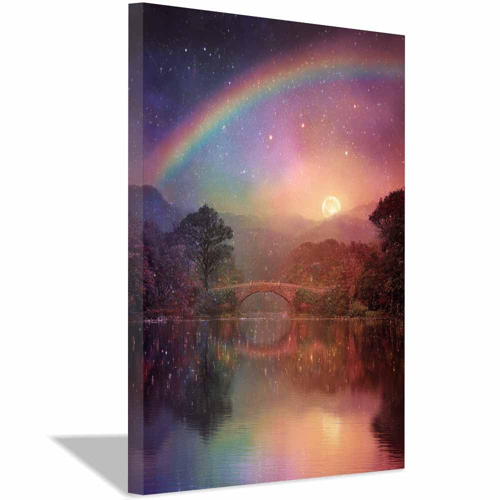 Hoqiu Multicolor Canvas Wall Art Starry Night Rainbow Bridge Lake Tree Poster, Landscape Wall Art, For Living Room Bedroom Bathroom.(Multicolor)-30X40cm Framed