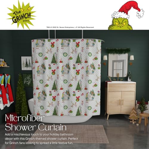 Image of Grinch Wrapping Paper Holiday Christmas 13-Piece Shower Curtain Set, 72 x 72 Inch Fabric Curtain with Hooks, Bathroom Decor, Machine Washable, (100% Officially Licensed Product) by Franco Collectibles