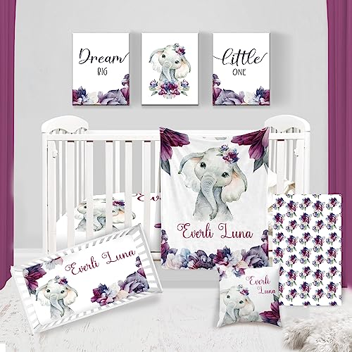 Duckbe Personalized Baby Crib Bedding Set: Custom Baby Girl Crib Bedding Set Nursery Blanket Crib Sheet Changing Pad Cover with Purple Peony Elephant Purple Bedding