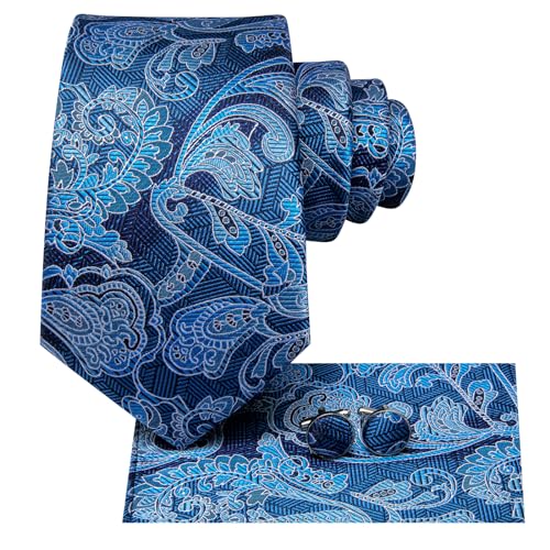 Image of Hi-Tie Men 63inches Tie Set Extra Long Necktie Paisley Tie Pocket Suqare Cufflinks Big and Tall Men Tie