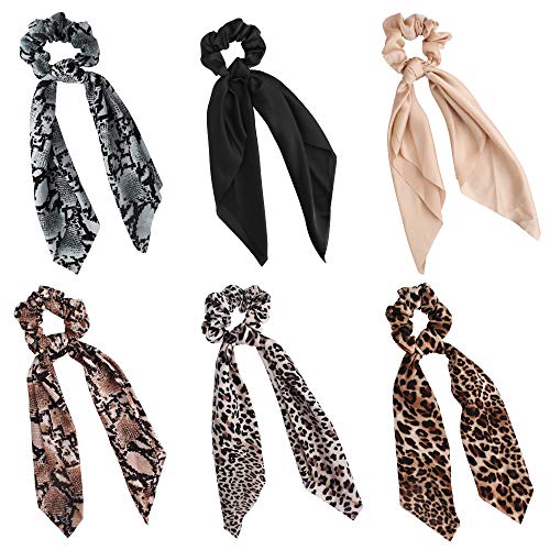 Ondder 6 Pack Leopard Scrunchies for Hair with Bow, Cheetah Hair Scrunchies Silk Scrunchies Satin Bow Scrunchies, Bow Scrunchies for Hair, Hair Scrunchies for Women, Cute Scrunchies Big Scrunchies