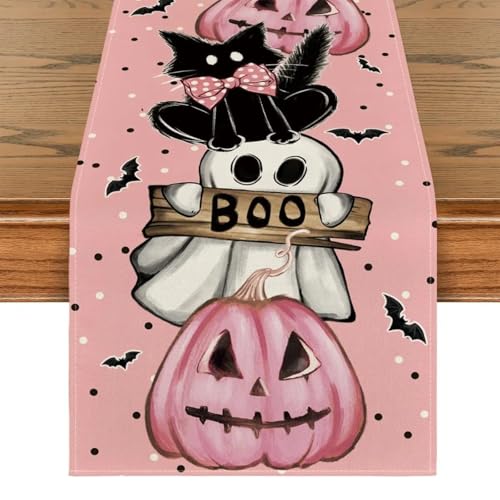 BSITSSS Caminho de mesa fantasmas, toalha de mesa rosa de Halloween, abóboras festa Halloween decoração, corredor de mesa, toalha de mesa lavável para mesas de cozinha, férias e festas, 33 x 183 cm