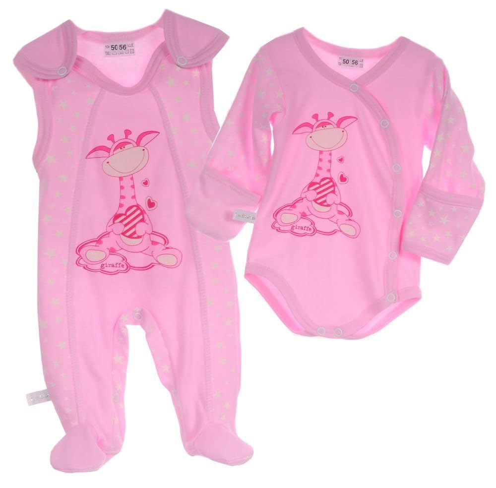 Baby und Kinder Strampler Wickelbody Langarm – Größen 44-74 – Anzug mit Stramplerhose und Body mit Kratzschutz in Rosa für Mädchen
