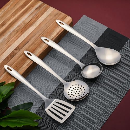 Image of Montavo by FnS 4 Pieces Stainless Steel Serving Tools Set | Soup Ladle, Skimmer Turner, Slotted Turner & Veg Serving Spoon | Food Grade Kitchen Utensil Set for Home & Dining