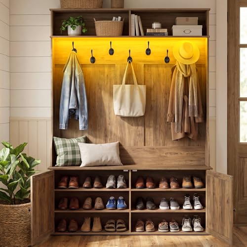 VASAGLE Hall Tree with Bench and Shoe Storage, 5-in-1 Coat Rack with Shoe Bench, Adjustable LED...