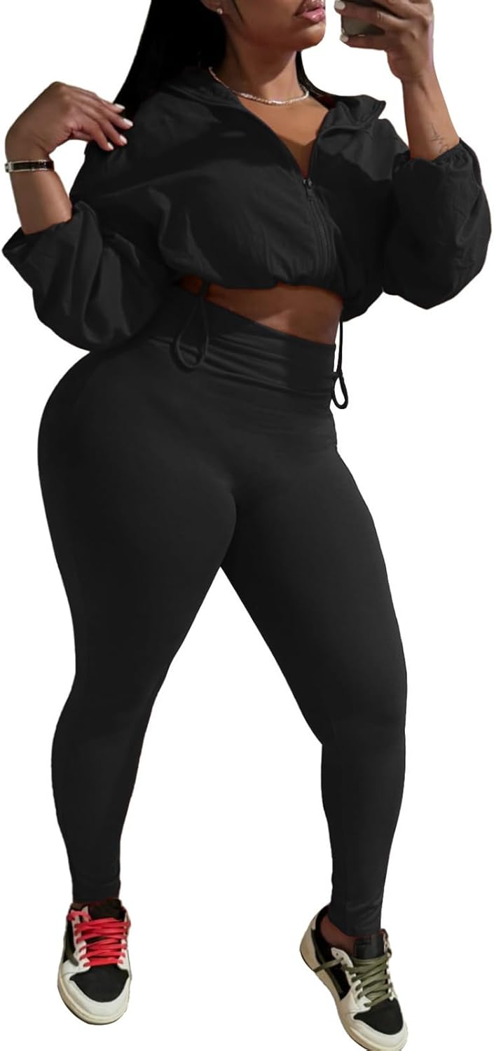Ophestin Women 2 Piece Outfits Workout Sets Long Sleeve Zip Up Crop Jacket Bodycon Pant Tracksuit Jogging Suit