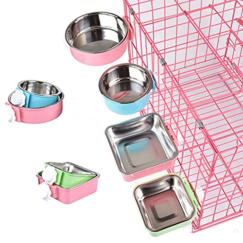 2-in-1 abnehmbarer Hundenapf für Hundekäfige, Welpenfutter, Wassernapf mit Bolzenhalter, Edelstahl, Haustier-Hängeschale, Futter-Wassernapf, 2 Stück/Set (klein, quadratisch, Rosa)