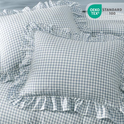 Image of Full Size Comforter Set Blue Gingham Ruffle 7 Pieces Farmhouse Bed in a Bag | Shabby Chic Fluffy Bedding Sets with Sheets, Pillowcases & Shams