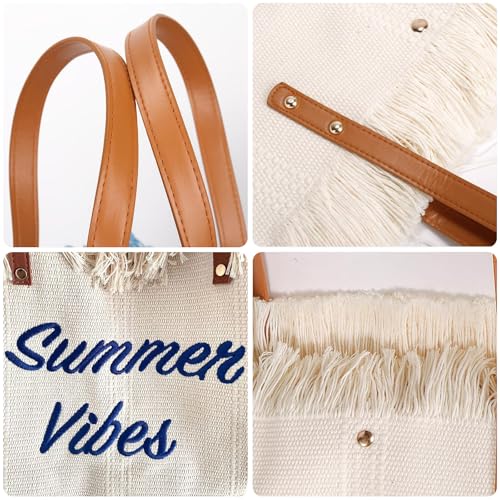 Image of Women Large Beach Canvas Tote Bag Summer Vibes Beach Bag Big Capacity Tassel Handbag